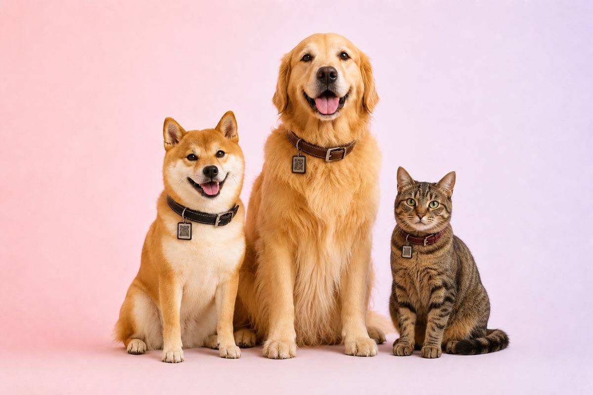 QRペットタグを付けた柴犬とゴールデンレトリバー